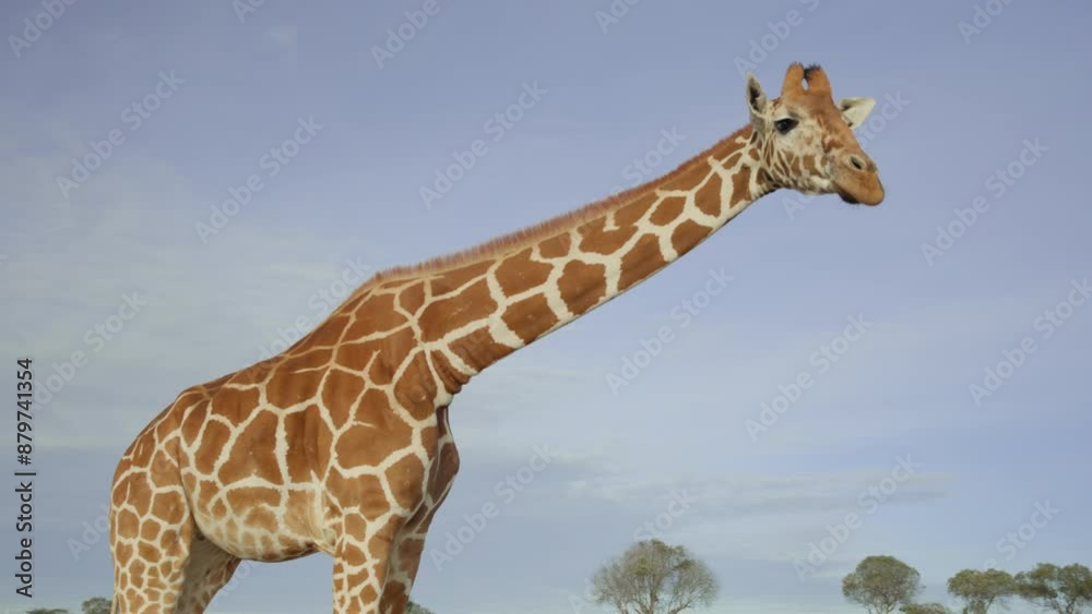 Wide pan shot of a Reticulated Giraffe (Giraffa reticulata) standing in the savanna during the evening in kenya 