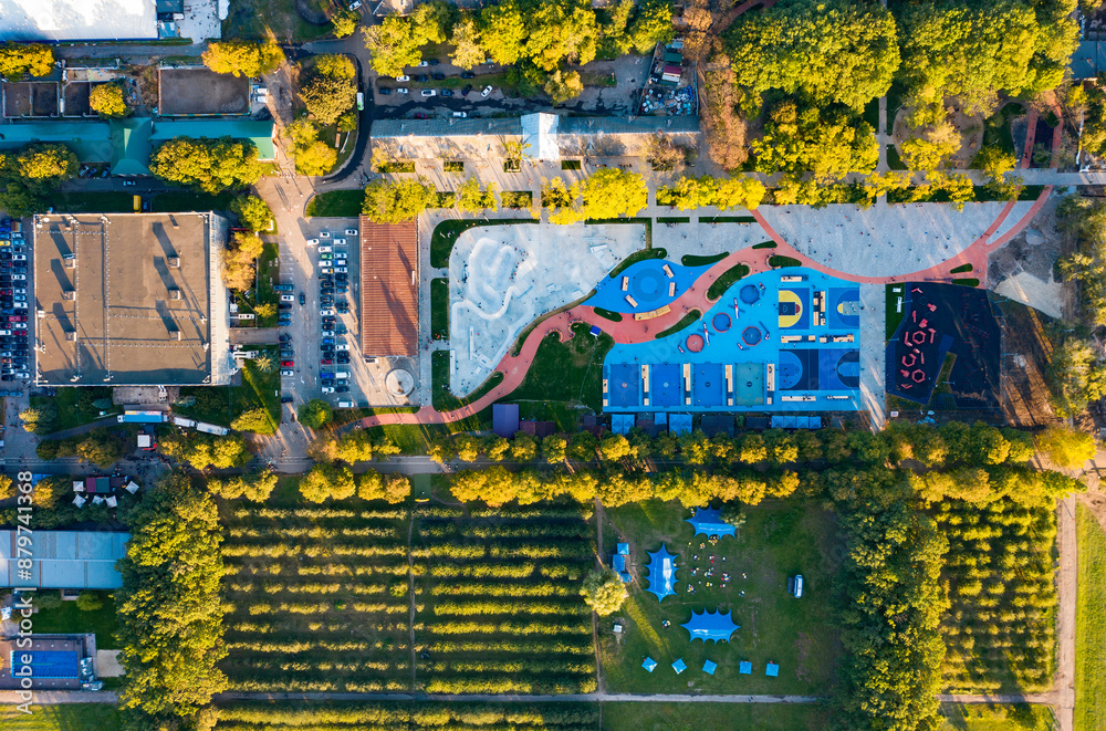 Fototapeta premium Top view of park sports fields in park between autumn trees