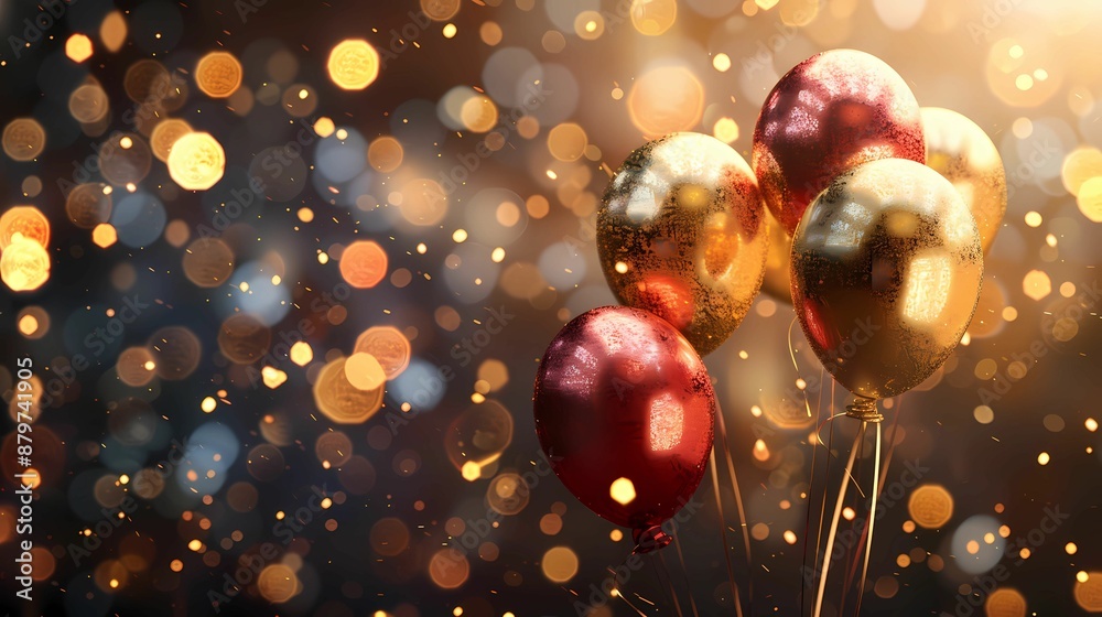 A golden and colorful balloons with bokeh effect, Generative AI illustrations. 