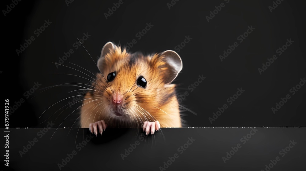 A hamster peeking over very dark black banner, on plain background, Generative AI illustrations. A hamster peeking over very dark black banner, on plain background, Generative AI illustrations.