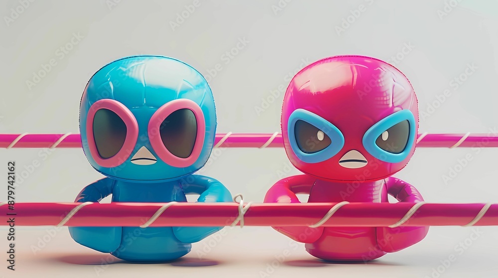 Fototapeta premium A cartoon of a wrestling characters, in a wrestling ring, Cute 3D style, pink and blue colors, plain white background, Generative AI illustrations. 