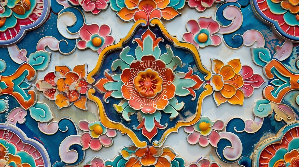 Peranakan tiles feature vibrant colors and complex patterns, showcasing meticulous craftsmanship.