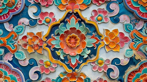 Obraz na płótnie Peranakan tiles feature vibrant colors and complex patterns, showcasing meticulous craftsmanship. w salonie