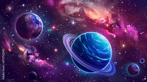 A planet, stars, cosmic motives on isolated backround, vector, different styles, Generative AI illustrations. 