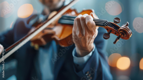 Close-up of a musician playing the violin with blurred bokeh lights in the background, highlighting the elegance of live performance.