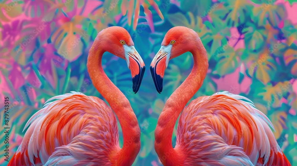 Fototapeta premium Two flamingos in a heart shape with their necks crossed, Generative AI illustrations. 
