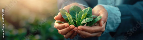 Close-up of two hands holding fresh green leaves against a blurred natural background, symbolizing growth, nature, and sustainability.