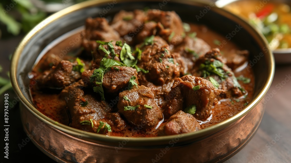 Close up of lamb Curry - Tender lamb pieces in a rich, aromatic brown curry sauce, with whole spices like cardamom and bay leaves Close up of lamb Curry - Tender lamb pieces in a rich, aromatic brown curry sauce, with whole spices like cardamom and bay leaves