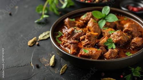 A bowl of lamb curry garnished with fresh herbs, placed on a dark textured surface with scattered spices around