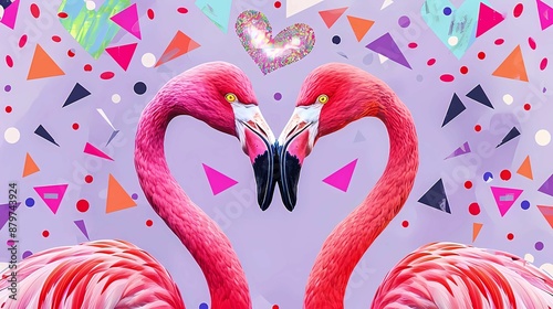 
Two vibrant flamingos standing closely together, facing each other, against a backdrop of colorful, abstract foliage and flowers, Generative AI illustrations. 