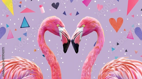 
Two vibrant flamingos standing closely together, facing each other, against a backdrop of colorful, abstract foliage and flowers, Generative AI illustrations. 