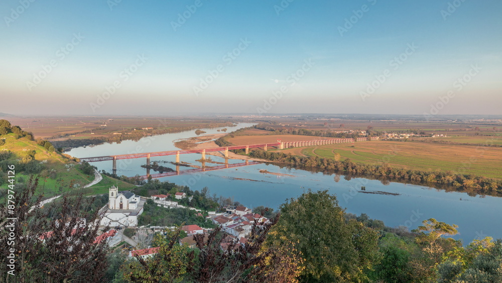 Fototapeta premium Panorama showing the Castle of Almourol on hill in Santarem aerial timelapse. Portugal