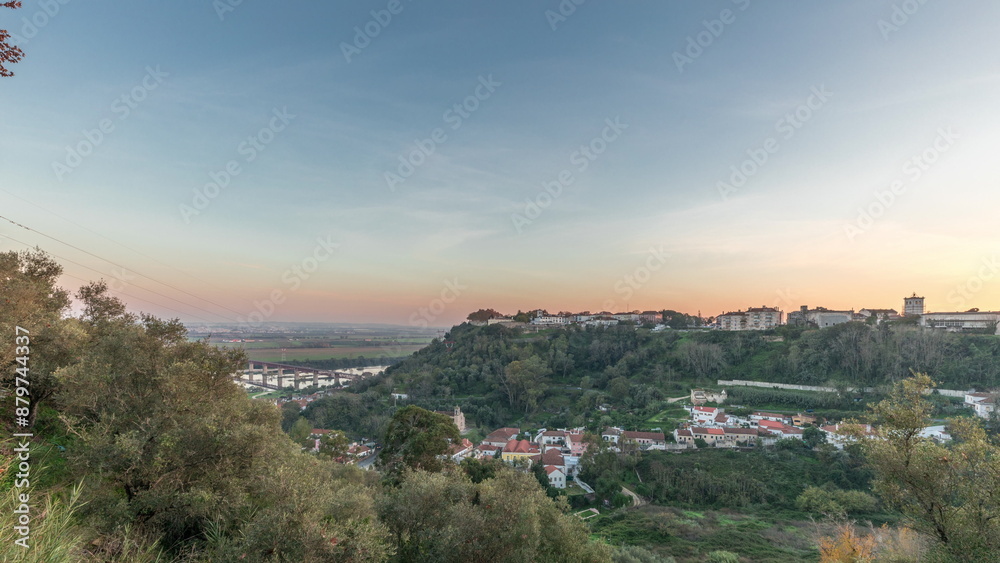 Panorama showing sunset over the Castle of Almourol on hill in Santarem aerial timelapse. Portugal Panorama showing sunset over the Castle of Almourol on hill in Santarem aerial timelapse. Portugal