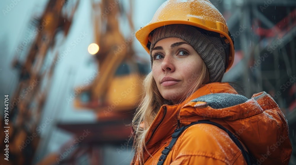 A female construction worker in a hard hat and warm clothing stands on a snowy construction site, looking thoughtfully into the distance, showcasing resilience and dedication. A female construction worker in a hard hat and warm clothing stands on a snowy construction site, looking thoughtfully into the distance, showcasing resilience and dedication.