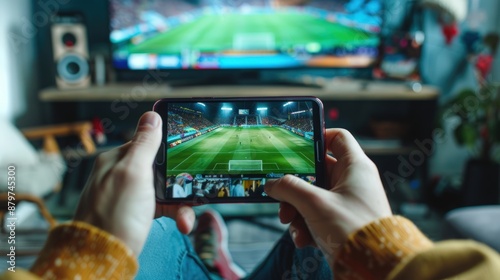A person is holding a cell phone and watching a soccer game. Generate AI image