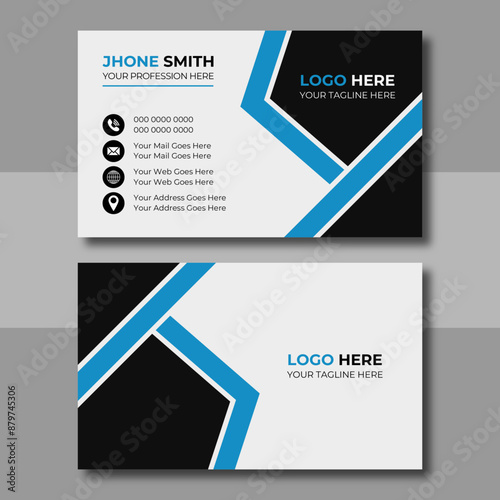 Clean Corporate Business Card Layout with blue color. Modern unique creative business card. Business card for business and personal use. Vector illustration design, Print ready,
 photo