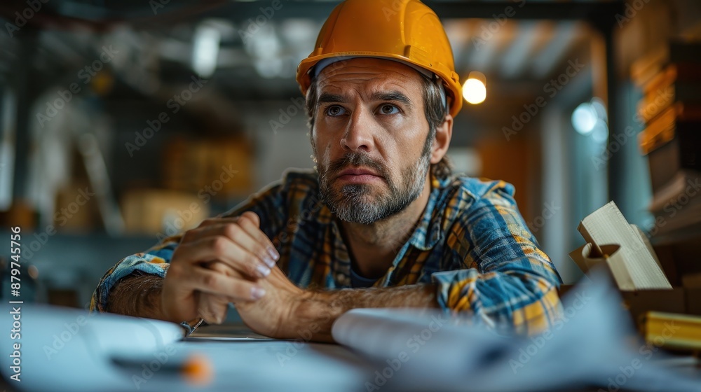 A middle-aged man wearing a yellow hard hat and plaid shirt, deep in thought while holding his hands together. Blueprints are scattered on the table in a workshop setting.