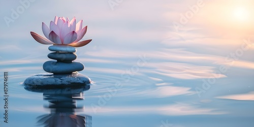 Tranquil Scene Lotus Flower and Stacked Stones in Sunset Water. Concept Nature Photography, Zen Aesthetics, Water Reflections, Sunset Silhouettes, Peaceful Landscapes