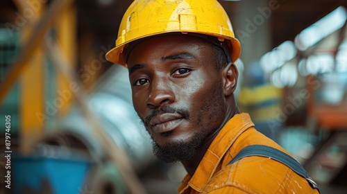 A determined construction worker, donned in a yellow hard hat and protective workwear, gazes ahead in a lively industrial background, symbolizing resilience and focus.