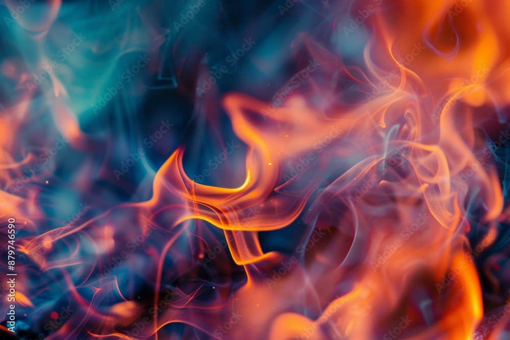Intricate details of burning fire flames captured from a low angle, showcasing the dynamic interplay of orange, red, and blue hues Intricate details of burning fire flames captured from a low angle, showcasing the dynamic interplay of orange, red, and blue hues