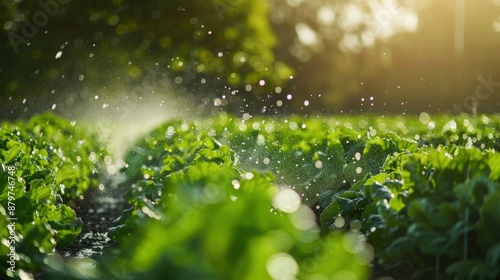A field of green plants is being watered by a sprinkler. Generate AI image © Ghiska
