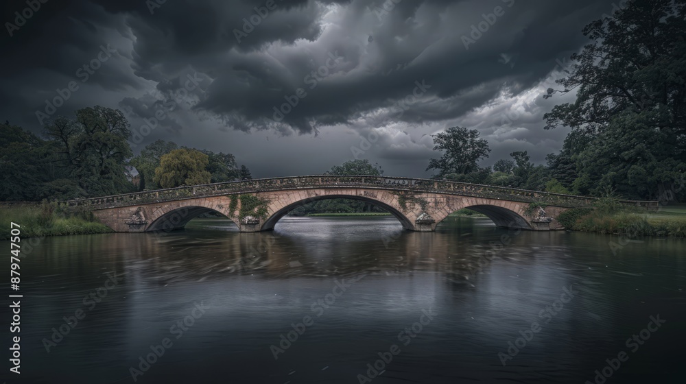 Fototapeta premium Black clouds gather over a picturesque bridge, their shadows deepening the scene's dramatic beauty.