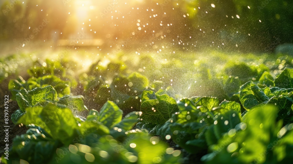 A field of green plants is being watered by a sprinkler. Generate AI image A field of green plants is being watered by a sprinkler. Generate AI image