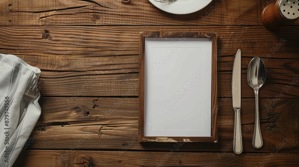 Menu frame on wooden table in restaurant text space Menu frame on wooden table in restaurant text space