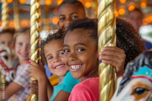 Diverse group of children smiling and laughing together on a carousel with colorful horses © Elmira