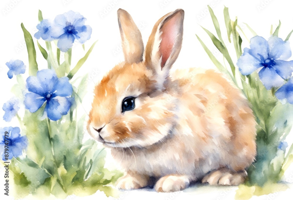 Obraz premium meadow background ear rabbit smelling view olated summer baby flowers animal pet floral watercolor cute blue hand illustration bunny mammal drawn white
