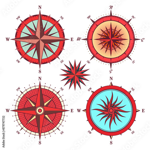 Vintage marine wind rose, nautical chart. Colorful navigational compass with cardinal directions of North, East, South, West. Geographical position, cartography and navigation. Vector illustration