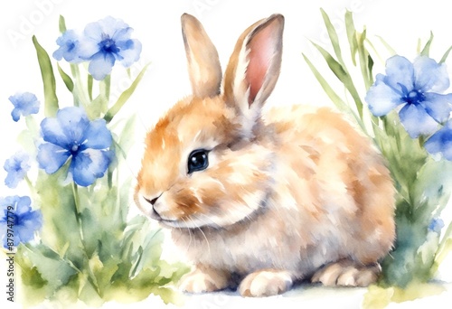 meadow background ear rabbit smelling view olated summer baby flowers animal pet floral watercolor cute blue hand illustration bunny mammal drawn white photo