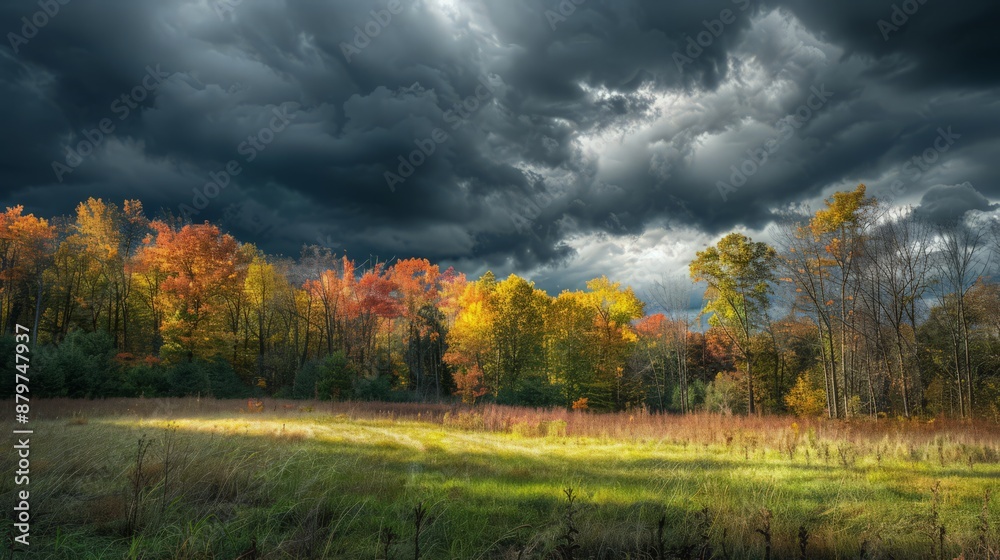 Black clouds hang over a sunlit forest glade, their shadows creating an eerie contrast with the bright foliage. Black clouds hang over a sunlit forest glade, their shadows creating an eerie contrast with the bright foliage.