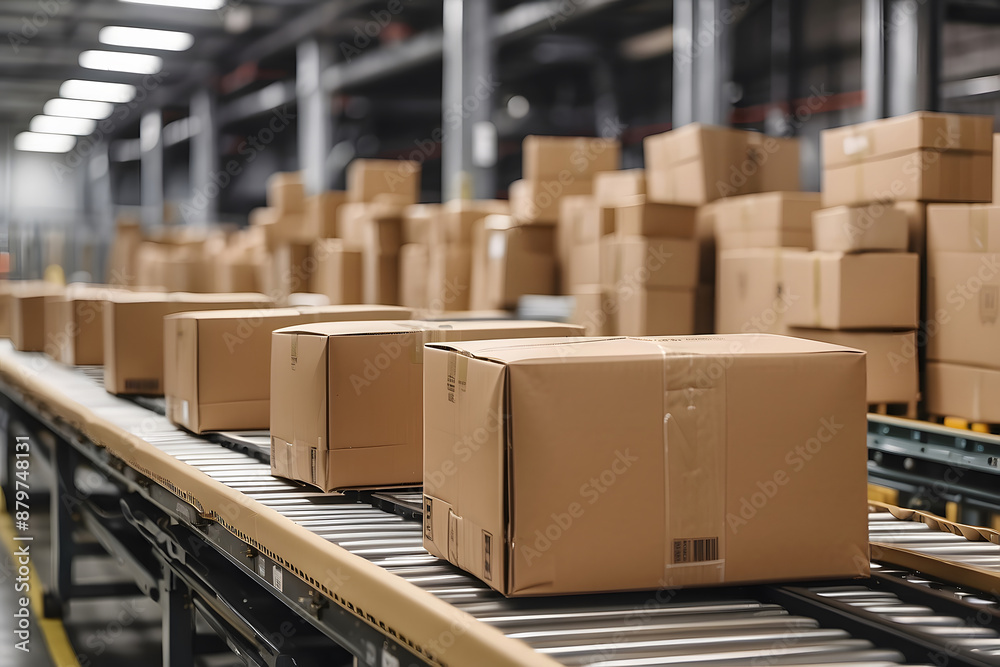Efficient Conveyor Belt System in Distribution Warehouse, Streamlined E-commerce Package Delivery Efficient Conveyor Belt System in Distribution Warehouse, Streamlined E-commerce Package Delivery