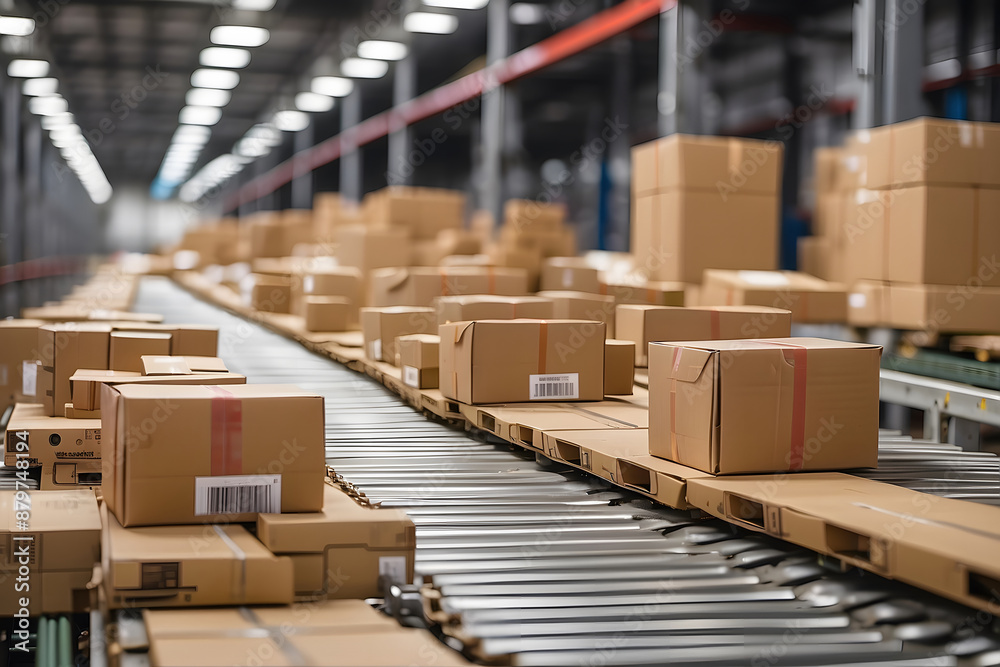 Efficient Conveyor Belt System in Distribution Warehouse, Streamlined E-commerce Package Delivery Efficient Conveyor Belt System in Distribution Warehouse, Streamlined E-commerce Package Delivery