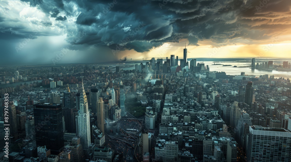 Fototapeta premium Black clouds roll in over a bustling city, their shadow swallowing the skyscrapers.