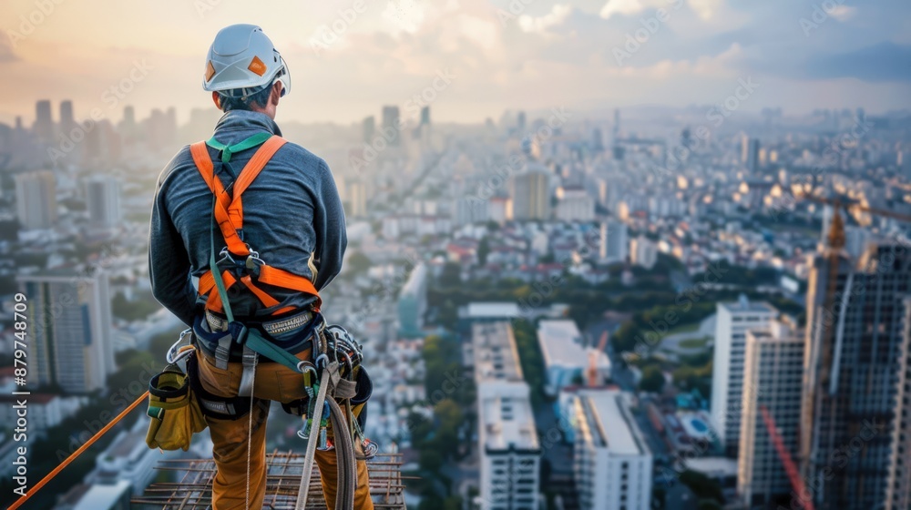 A man in an orange safety harness stands on a ledge overlooking a city. Generate AI image A man in an orange safety harness stands on a ledge overlooking a city. Generate AI image
