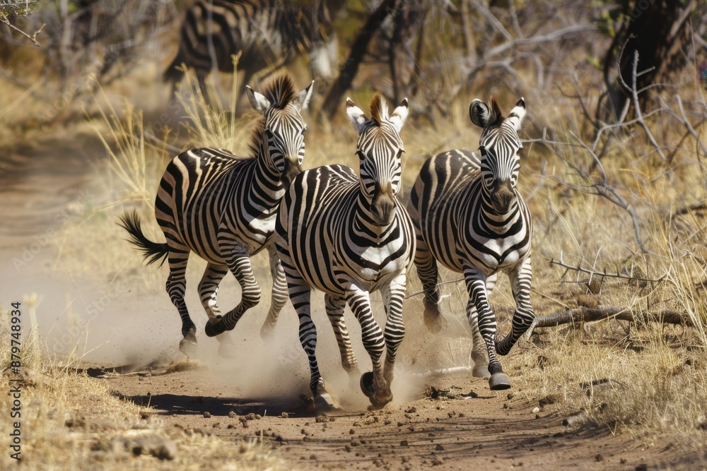 Group of zebras running together in their natural habitat. Group of zebras running together in their natural habitat.