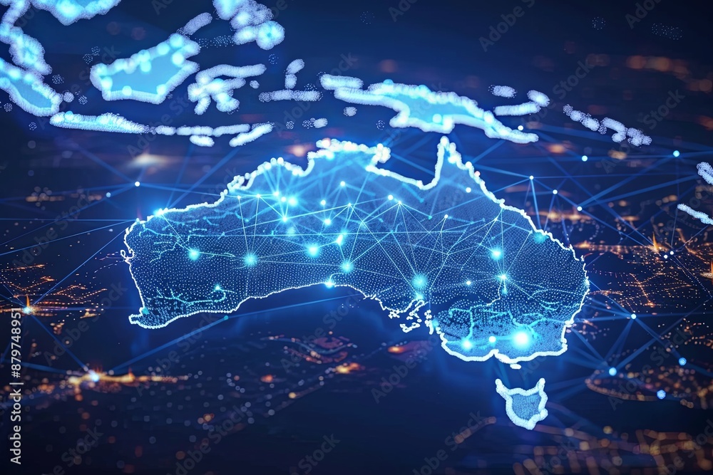 Digital map of Australia network and connectivity created with Generative AI Digital map of Australia network and connectivity created with Generative AI