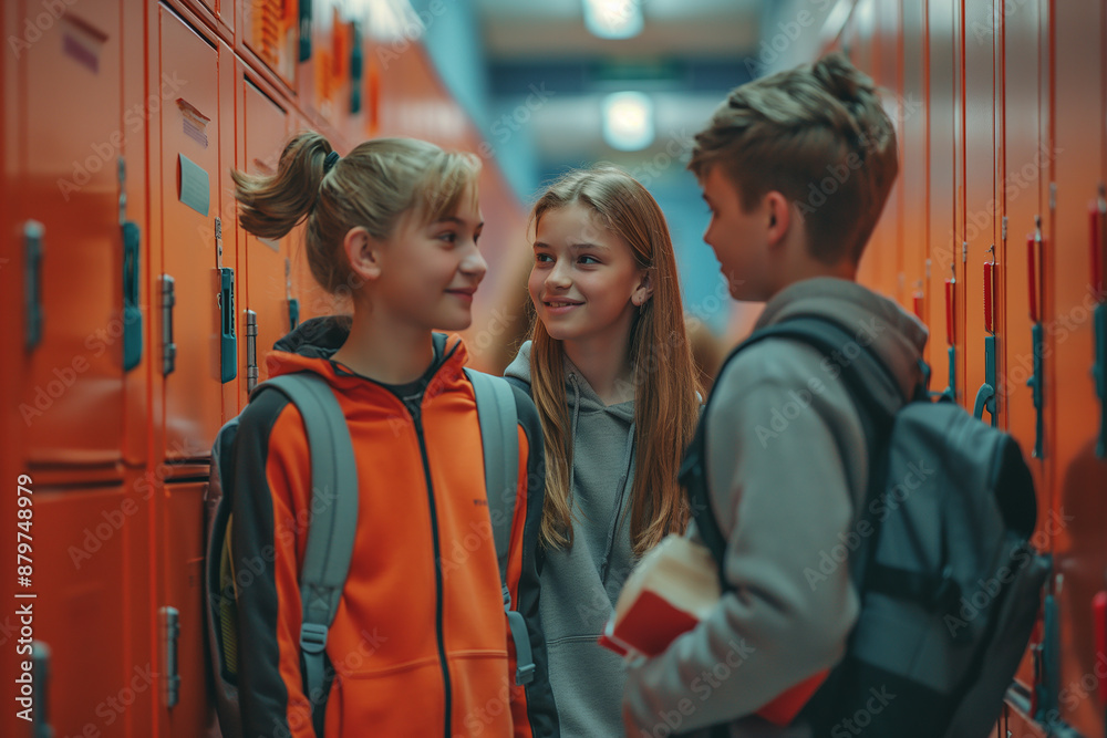 Fototapeta premium back to school, Three kids are standing in a hallway, smiling and talking to each other