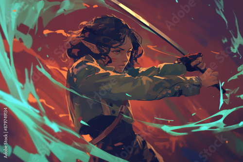 Fierce Female Warrior Wielding Sword in Dynamic Action Pose Surrounded by Colorful Swirls