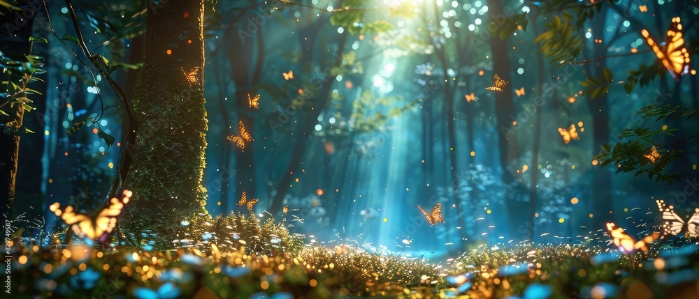 fantasy forest illustration perfect for wide panoramic with glowing butterflies and fantasy scenery designs and decorations fantasy forest illustration perfect for wide panoramic with glowing butterflies and fantasy scenery designs and decorations