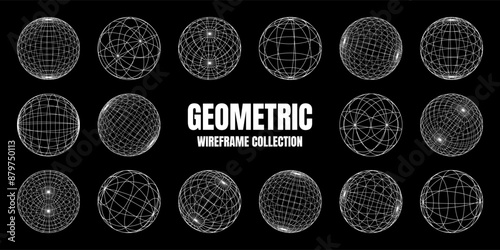 Wireframe shapes, lined sphere. Perspective mesh, 3d grid. Low poly geometric elements. Retro futuristic design elements, y2k, vaporwave and synthwave style. Vector illustration