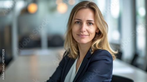 Businesswoman in a formal board meeting, highly professional photo picture with balanced lighting and detailed expressions, businesswoman, with copy space © Kateryna