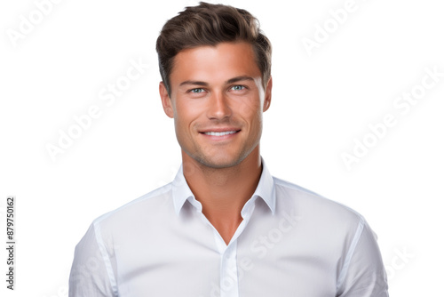 Attractive young businessman in a gray shirt, smiling confidently and exuding professionalism. Isolated on white background