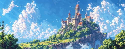 A pixel art rendition of a pixelated castle perched atop a pixelated hill, its pixelated towers reaching towards the pixelated sky.