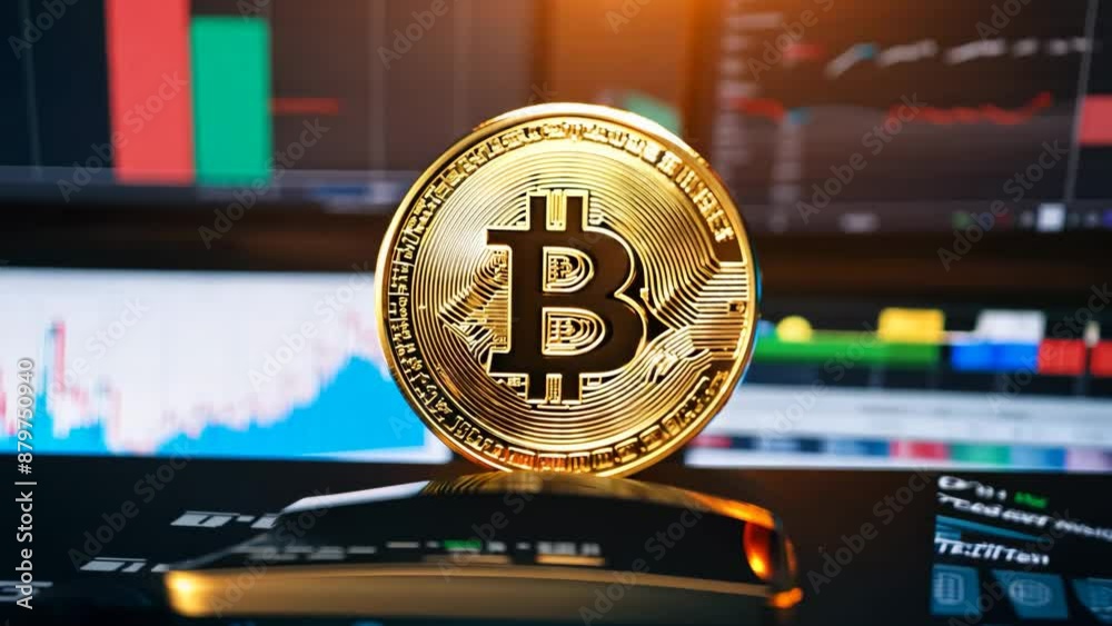 Bitcoin coin on a table with screens and graphs	