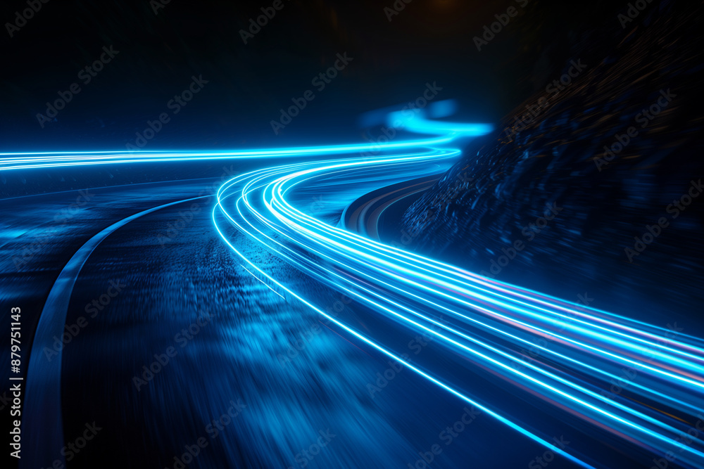 energy and speed of a nighttime drive with vibrant blue neon light trails curving along a dark road, creating a sense of dynamic motion. Perfect for automotive marketing, urban nig energy and speed of a nighttime drive with vibrant blue neon light trails curving along a dark road, creating a sense of dynamic motion. Perfect for automotive marketing, urban nig