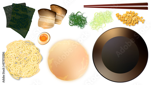 Japanese Delicious miso ramen bowl with noodle egg vector illustration set cooking