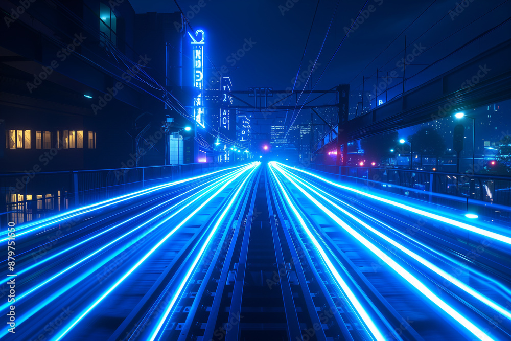 sensation of speed and movement with dynamic blue neon light trails on an urban night road, capturing the thrill of fast-paced nightlife. Great for advertising campaigns, digital a sensation of speed and movement with dynamic blue neon light trails on an urban night road, capturing the thrill of fast-paced nightlife. Great for advertising campaigns, digital a
